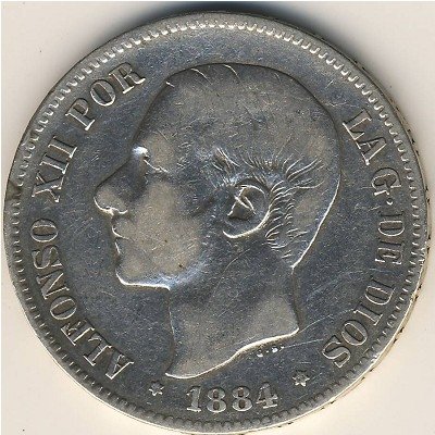 Испания 5 песет 1884 год
