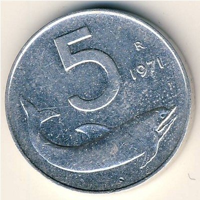 Италия 5 лир 1971 год Дельфин