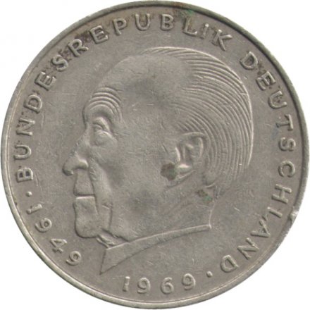 ФРГ 2 марки 1973 год - Конрад Аденауэр, 20 лет Федеративной Республике (D)