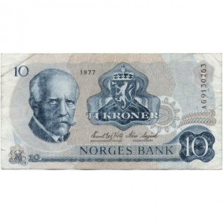 Норвегия 10 крон 1977 год - Фритьоф Нансен. Скульптура «Рыбак» и чайки - VF-