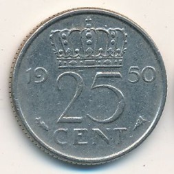 Нидерланды 25 центов 1950 год - Королева Юлиана