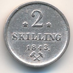 Норвегия 2 скиллинга 1843 год