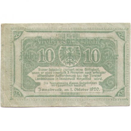 Австрия (нотгельд) 10 геллеров 1920 год - Инсбрук - VF