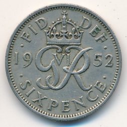 Великобритания 6 пенсов 1952 год