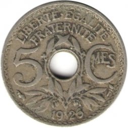 Франция 5 сантимов 1926 год (Новый тип: Отверстие в центре)