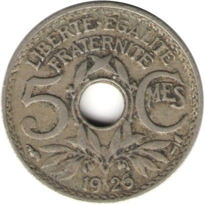 Франция 5 сантимов 1926 год (Новый тип: Отверстие в центре)