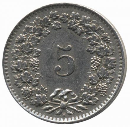 Швейцария 5 раппенов 1962 год 