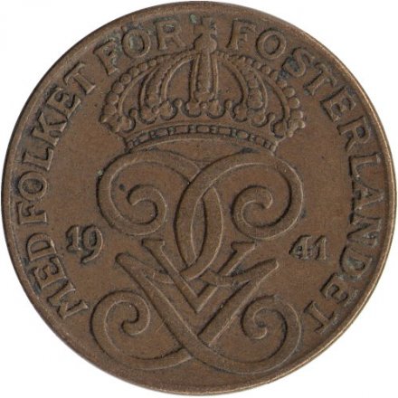 Швеция 2 эре 1941 год - Король Густав V