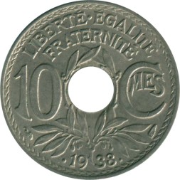 Франция 10 сантимов 1938 год (Точки вокруг даты)