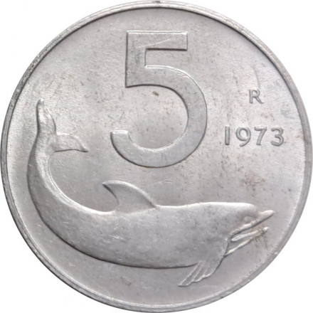 Италия 5 лир 1973 год - Дельфин. Судовой руль