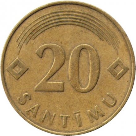 Латвия 20 сантимов 1992 год (никель-латунь, не магнитная)