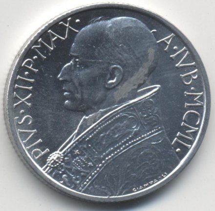 Ватикан 5 лир 1950 год Папа Пий XII