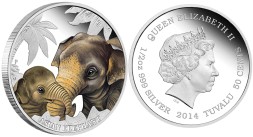 Монета Тувалу 50 центов 2014 год - Материнская любовь. Слоны