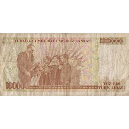 Турция 100000 лир 1997 год - Президент Кемаль Ататюрк. Дети преподносят цветы Ататюрку - F