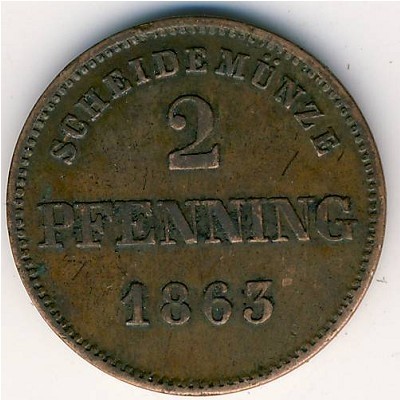 Монета Бавария 2 пфеннинга 1863 год