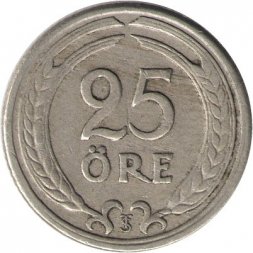 Швеция 25 эре 1947 год (никелевая бронза, "GV" на аверсе)