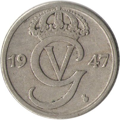 Швеция 25 эре 1947 год (никелевая бронза, &quot;GV&quot; на аверсе)