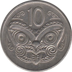 Монета Новая Зеландия 10 центов 1985 год - Маска маори