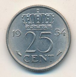 Нидерланды 25 центов 1954 год - Королева Юлиана