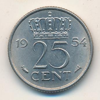 Нидерланды 25 центов 1954 год - Королева Юлиана