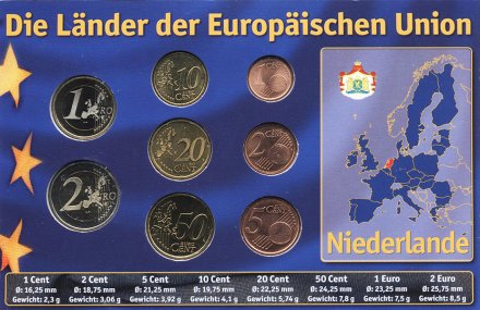 Набор из 8 евромонет Нидерландов 2000 - 2004 год (в запайке)