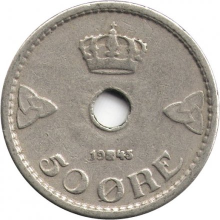Норвегия 50 эре 1945 год (Круг c отверстием)