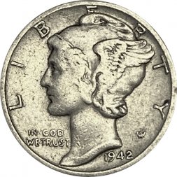 США 1 дайм (10 центов) 1942 год - Mercury Dime (D)