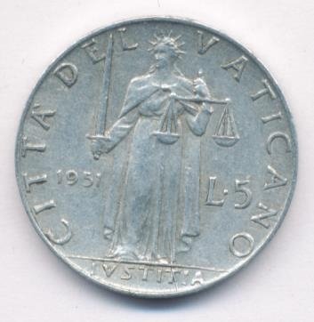 Ватикан 5 лир 1951 год - Папа Пий XII