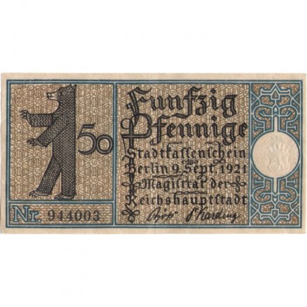 Германия (нотгельд) 50 пфеннигов 1921 год - Серия &quot;Районы Берлина&quot;. Целебный источник 1760 год (вид 3) - XF