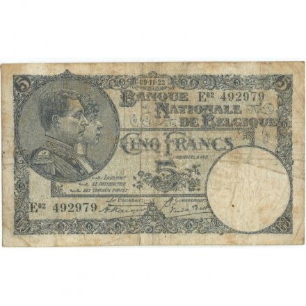 Бельгия 5 франков 1922 год - VG