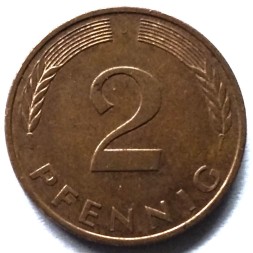 Монета Германия (ФРГ) 2 пфеннига 1991 год (J)