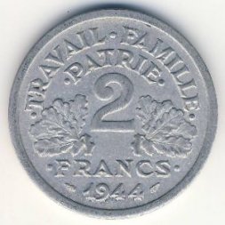 Франция 2 франка 1944 год (ÉTAT FRANÇAIS, без отметки МД)
