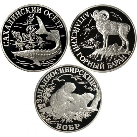 Набор из 3 монет Россия 1 рубль 2001 год - Красная книга. Сахалинский осетр, Западносибирский бобр, Алтайский горный баран