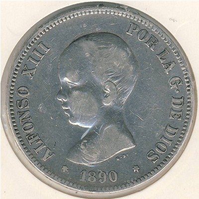 Испания 5 песет 1890 год