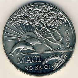 Монета Гавайские острова 1 доллар 2007 год - Токен. Торговый доллар Мауи. Дельфины