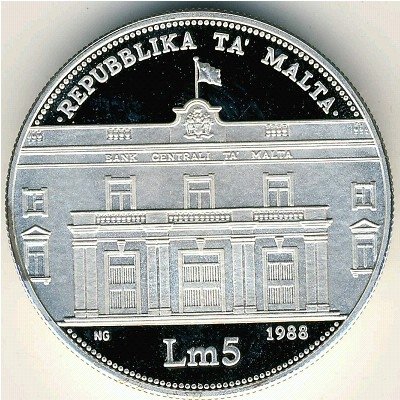 Мальта 5 лир 1988 год