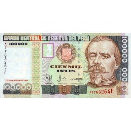 Перу 100000 инти 1989 год - Папирусные лодки на озере Титикака UNC