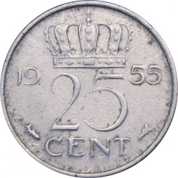 Нидерланды 25 центов 1955 год - Королева Юлиана