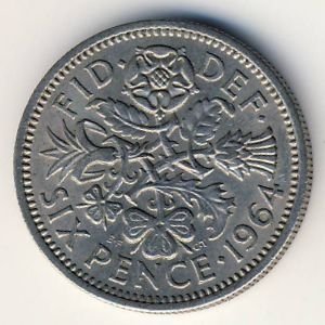 Великобритания 6 пенсов 1964 год - Флора: лук-порей, роза, чертополох и трилистник
