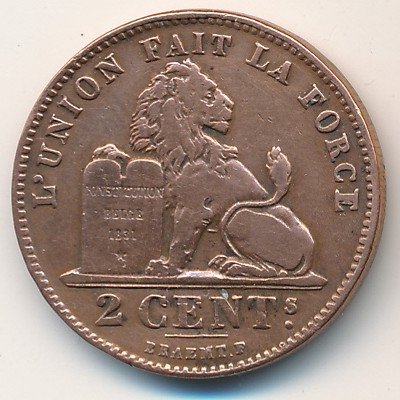 Бельгия 2 сантима 1905 год DES BELGES
