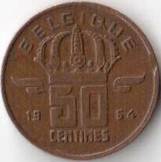 Бельгия 50 сантимов 1964 год BELGIQUE
