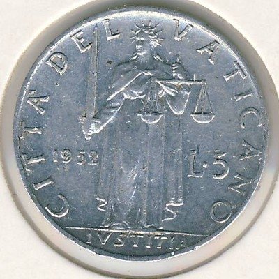 Ватикан 5 лир 1952 год - Папа Пий XII. Богиня правосудия