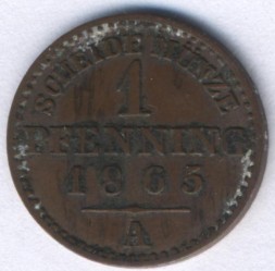 Монета Пруссия 1 пфеннинг 1865 год