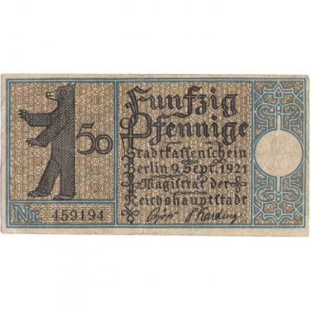 Германия (нотгельд) 50 пфеннигов 1921 год - Серия &quot;Районы Берлина&quot;. Переход к Штралауэр-фишцугу 1825 г (вид 5) - VF