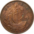 Великобритания 1/2 пенни 1943 год - Король Георг VI. Корабль «Золотая лань»
