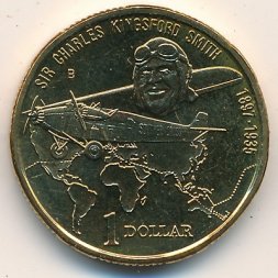 Австралия 1 доллар 1997 год - 100 лет со дня рождения Чарльза Кингсфорда Смита (портрет, самолёт и карта мира) (B)