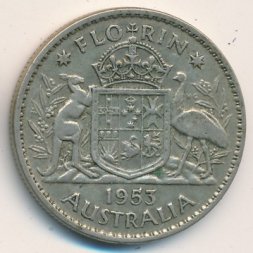 Австралия 1 флорин (2 шиллинга) 1953 год - Герб. Кенгуру и страус
