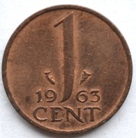 Монета Нидерланды 1 цент 1963 год - Королева Юлиана
