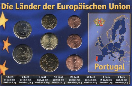 Набор из 8 евромонет Португалии 2002 - 2006 год (в запайке)