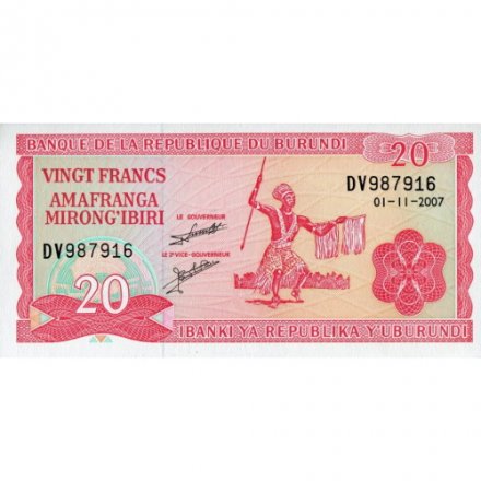 Бурунди 20 франков 2007 год - Ритуальный танец. Герб - UNC